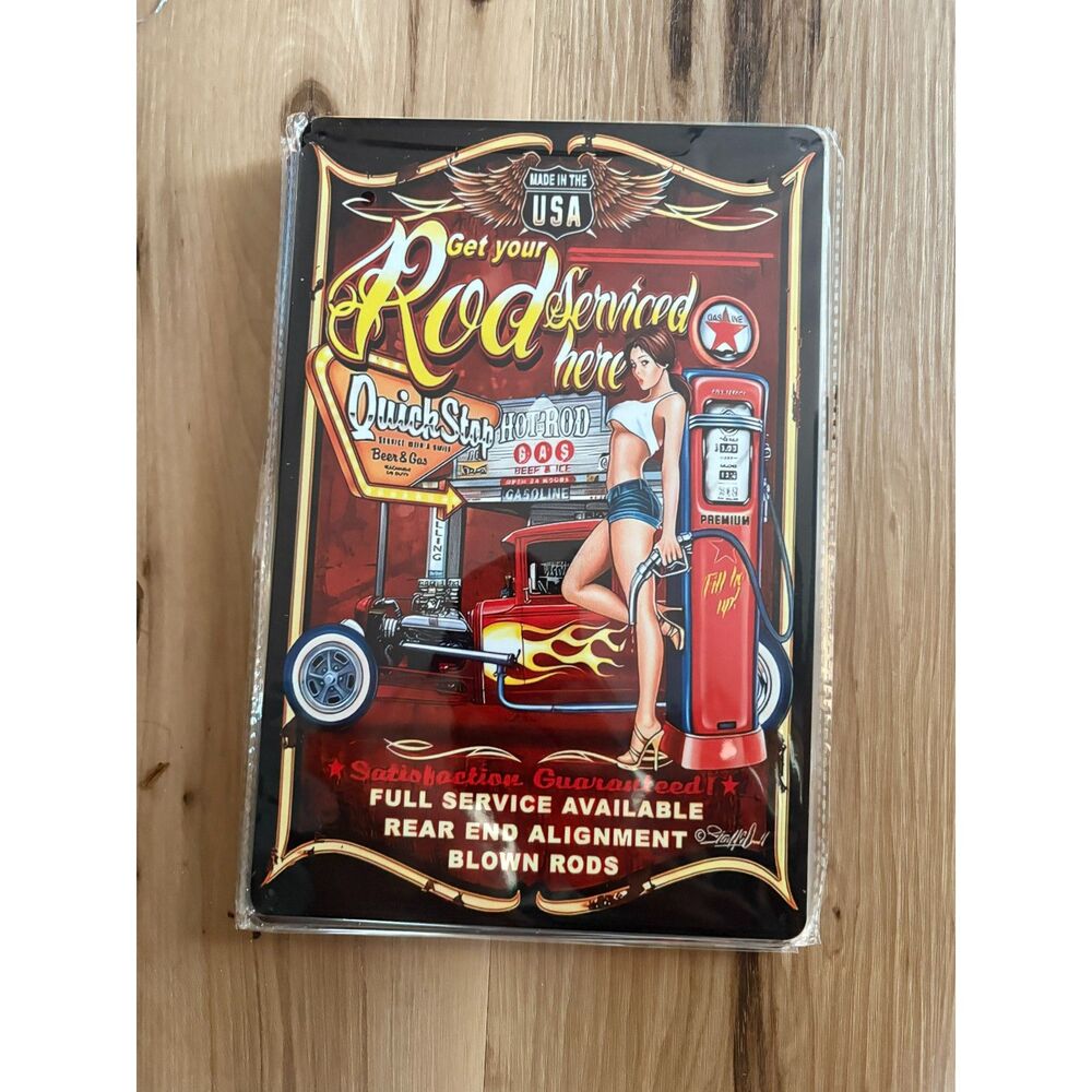 Pinup "Get Your Rod Serviced Here" Hot Rod Metal Sign – Great Garage Decor!